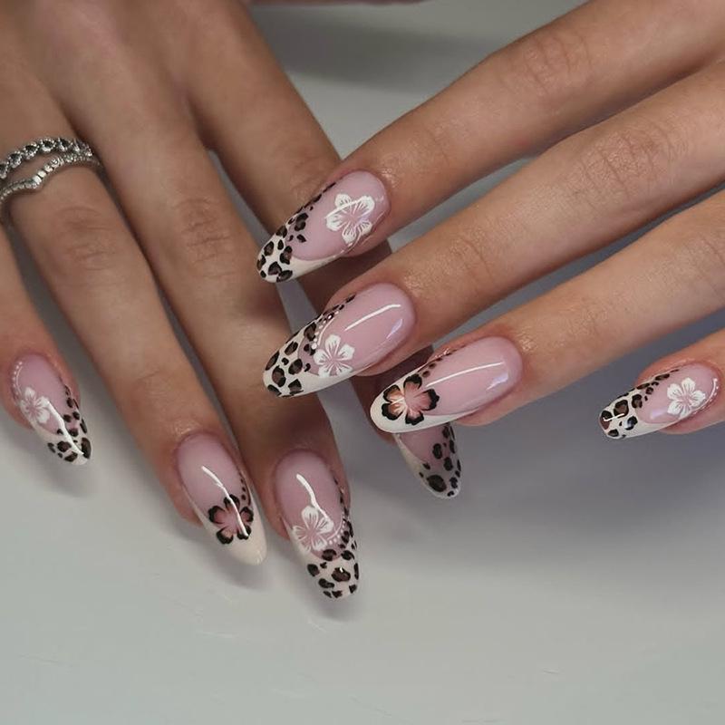 24 pcs Medium Almond Leopard Print Floral French Nail Art Tips - Wearable and In Stock