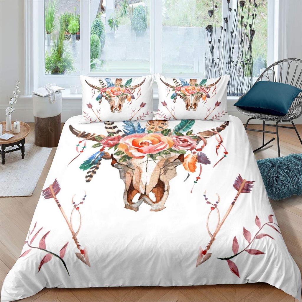 Bull Skull Duvet Cover Set Boho Chic Feather Bedding Set Bohemian Exotic Branches Flower For Teens Microfiber King Quilt Cover