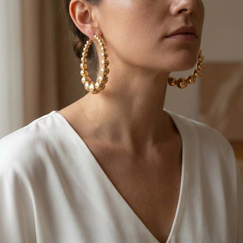 Exaggerated Metal CCB Round Ball Beads Hoop Earrings for Women Fashion Silver Color Large Circle Geometric Earrings Jewelry Gift