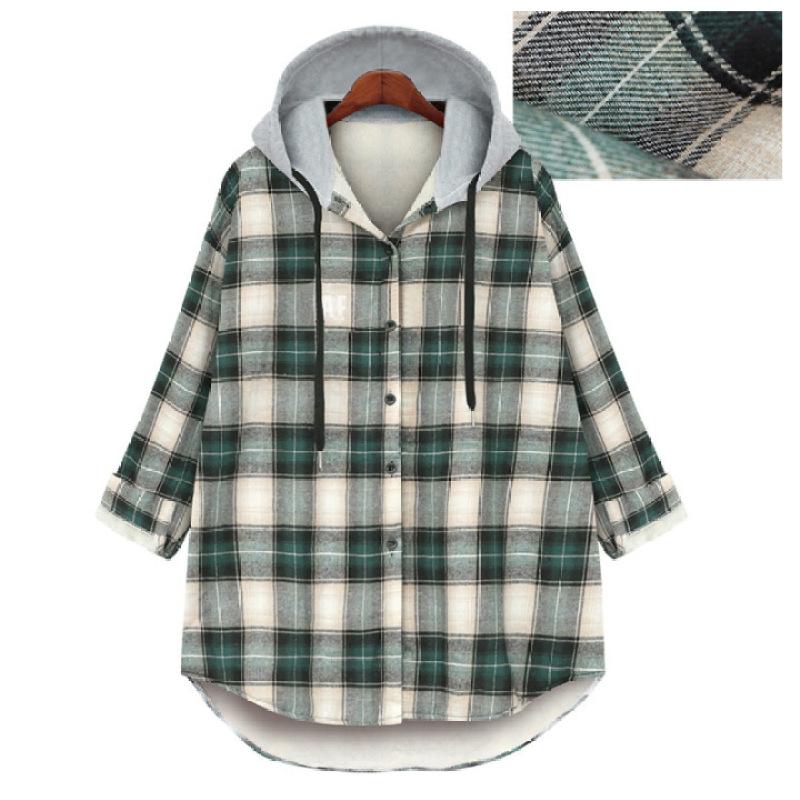 

Tooxika Plus Size Женская рубашка в клетку из бархата с длинными рукавами Куртка с капюшоном на пуговицах Прямой кардиган с утолщенной шерстяной подкладкой XXXXXL