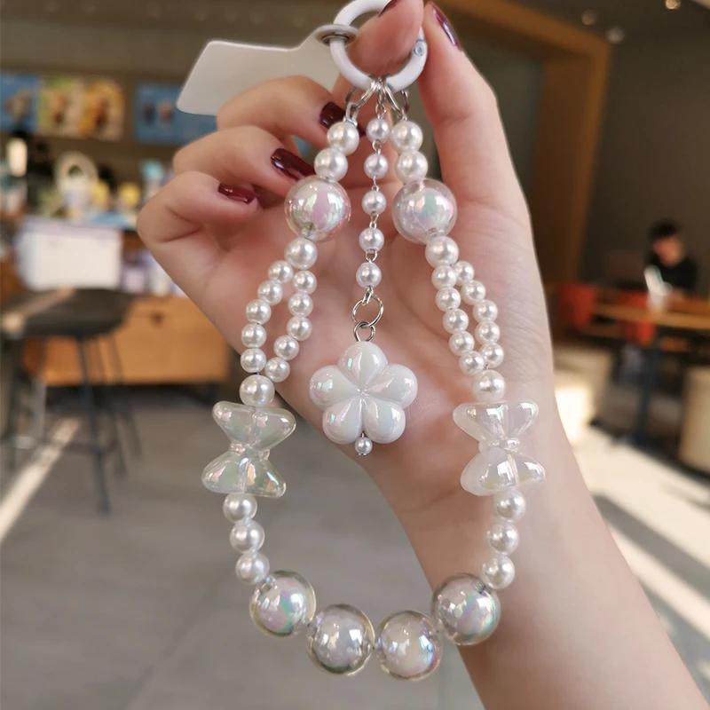 Mobile Phone Lanyard Short Style Wrist Pendant Pearl Chain Bow Flower Pendant Decoration Universal Phone Case Anti Loss Lanyard
