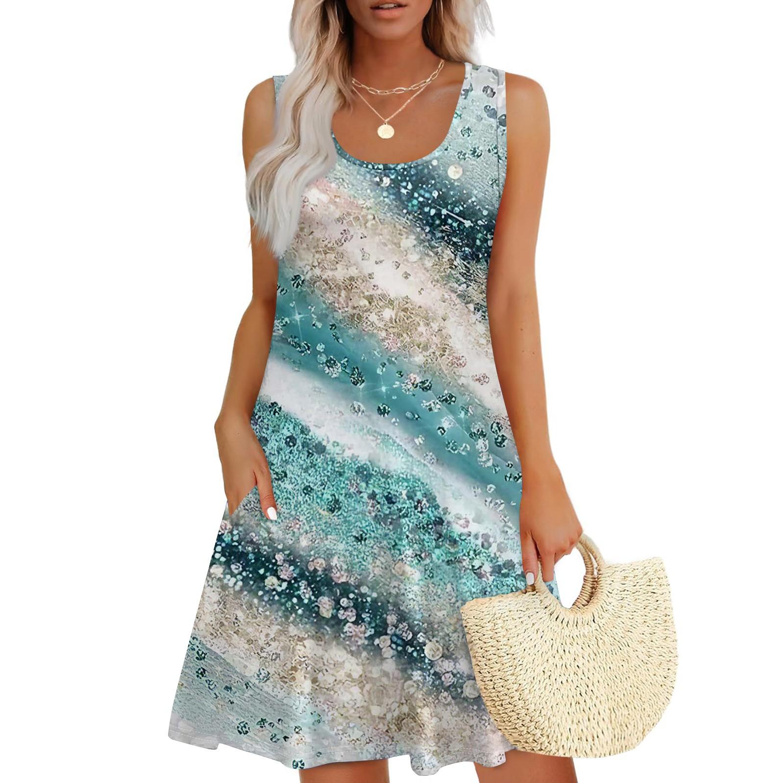 

Женское летнее повседневное платье с квадратным вырезом и цветочным принтом, платье без рукавов с карманами M