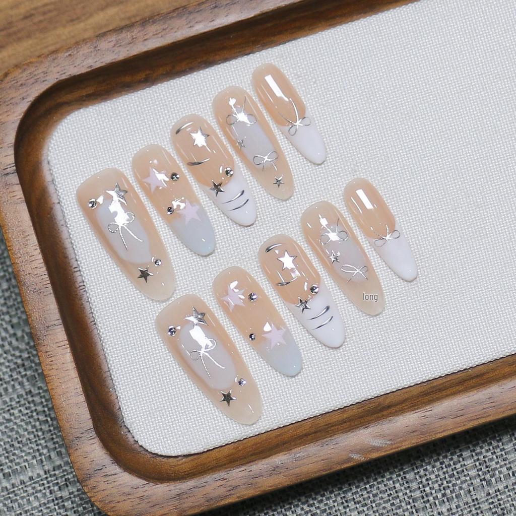 Chic Handmade Reusable Long French Nails - High-End Detachable Nail Art Stickers