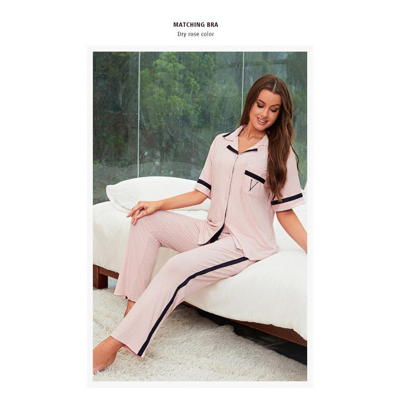 Pijamale confortabile lejere din bumbac cu dungi Modal Pit pentru femei, primăvară și vară, cu mânecă scurtă, lejer, set de lenjerie de pat