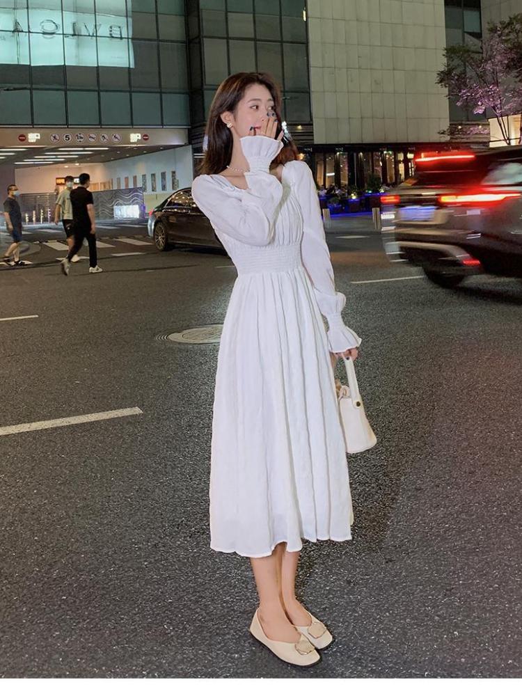 Women Long Sleeve Midi Dress Square Collar Party Elegant Casual Long Dresses