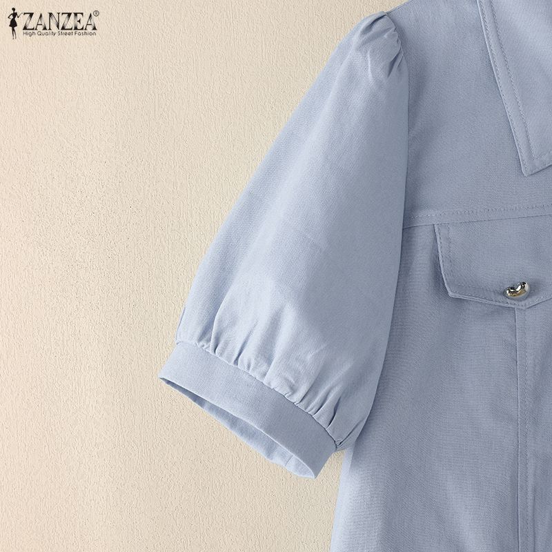 ZANZEA Women Turn Down Collar Casual Short Sleeve Lace Bow Cropped Blouse