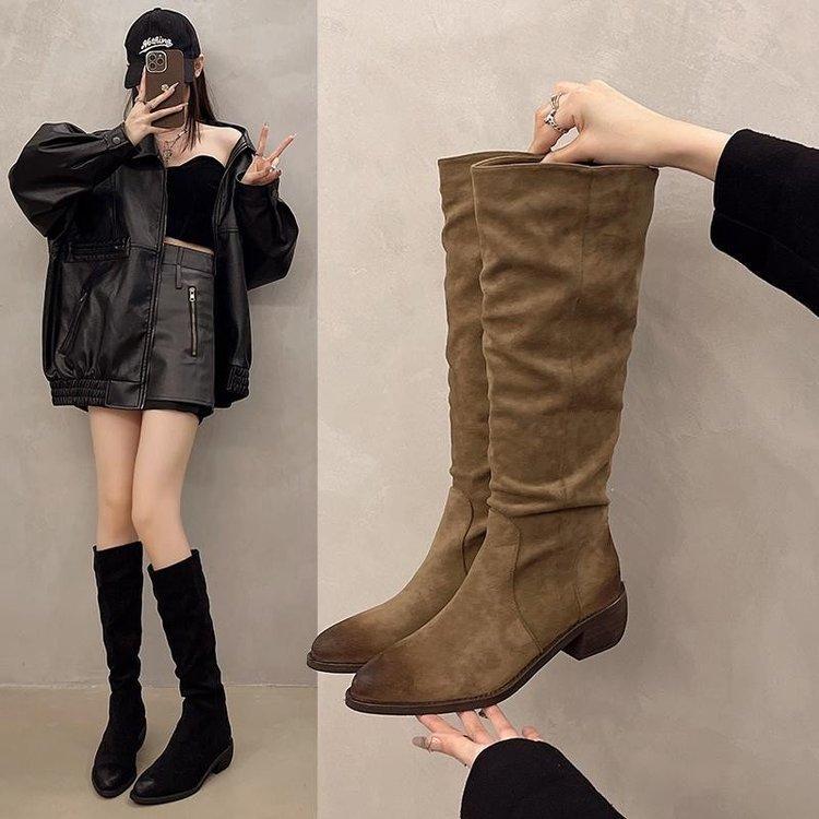 Korean version of retro long boots stacking boots thick heel high boots tall knight boots thin boots medium heel pointed cowboy boots