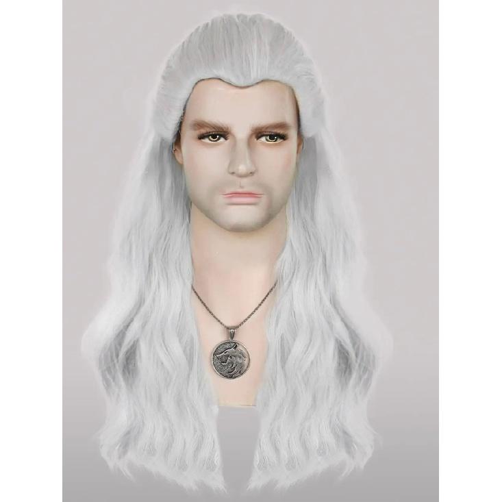 The Witcher 3: Wild Hunt Synthetic Hair Long Silver White Wavy Men'S Geralt Cosplay Wig for Halloween Christmas School