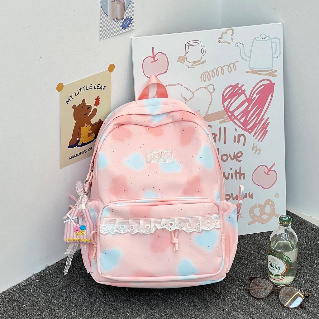 Cartable Nouveau Sac à Dos à Pois en Dentelle Coréen Léger Polyvalent Décontracté Grande Capacité Mode Sac à Dos pour Étudiant Trajet Scolaire