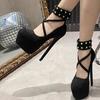 Women High Heel Fashion Metal Rivets Ankle Strap Platform Pumps Sandals Women Wedding Party Sexy Platform Stripper Design Shoes