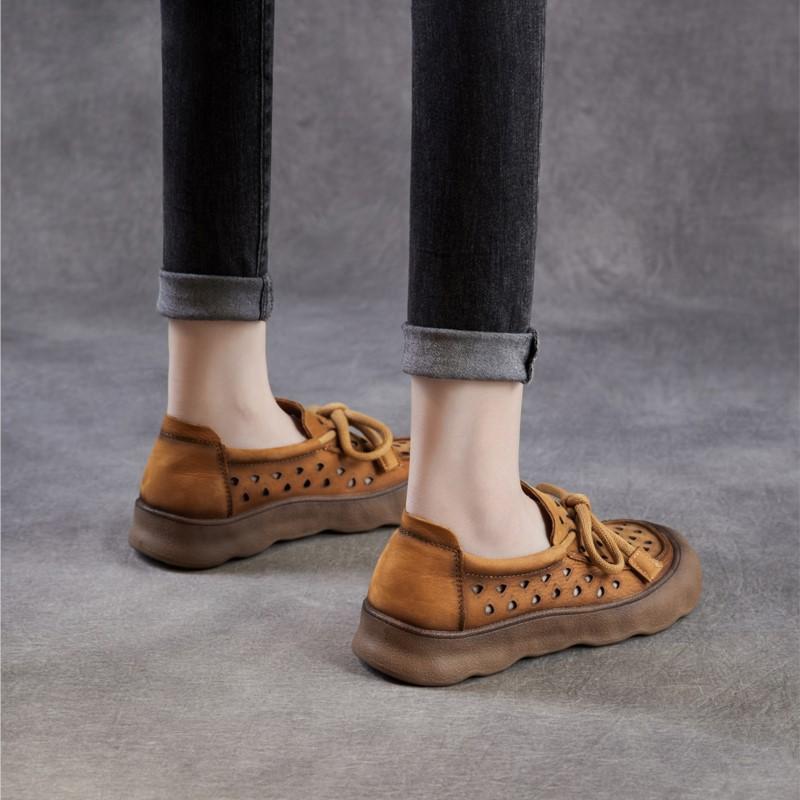 Johnature Retro Hollow-out Breathable Genuine Leather Shoes With Soft Soled Women's Slip-on Shoes