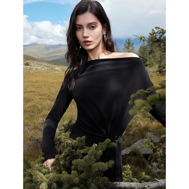 ELLE Elegant Drape Neck Long Sleeve Midi Dress S