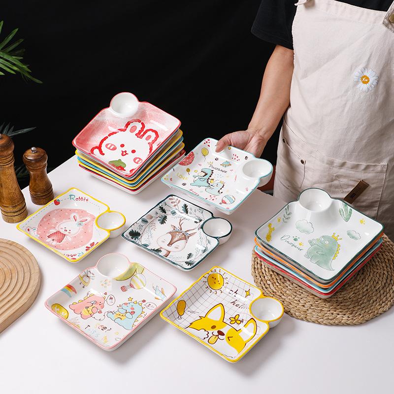 Cartoon Ceramic Dumpling Plate Sushi Plate Vinegar Dish Dumpling Plate Compartmented Dinner Plate Tableware Bowls and Dishes