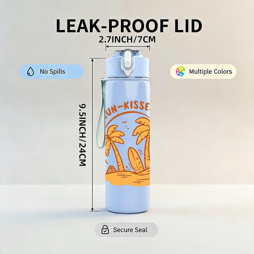 1PC Sun Kissed Palm Tree Summer Beach Print 750ml Color Plastic Sports Water Bottle Leakproof Flip Straw Lid Suitable for Sports Office Home Use