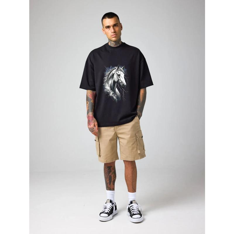 Oversized T Shirt Black Horse Head With Lightning And Clouds Print Casual Streetwear For Men