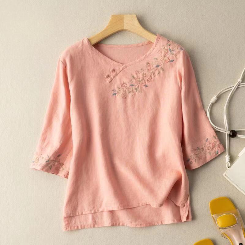 

Новая летняя складная вышитая рубашка в китайском стиле для женщин, литературная ретро хлопково-льняная свободная вышитая блузка для женщин 4XL жёлтый