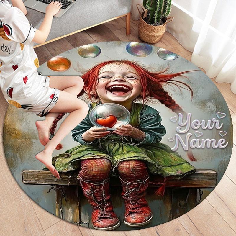 Pippi Longstocking Custom Name Round Area Rug,Carpet Rug for Living Room Bedroom Sofa Playroom Decor,Non-slip Floor Mat