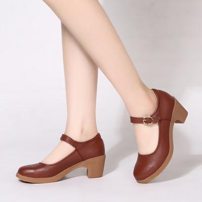 Coarse Heel Buckle Beef Tendon Sole Single Shoes Women's Shoes Sports Shoes Middle Heel Round Head Shallow Mouth Dance Shoes Comfortable Mother Shoes