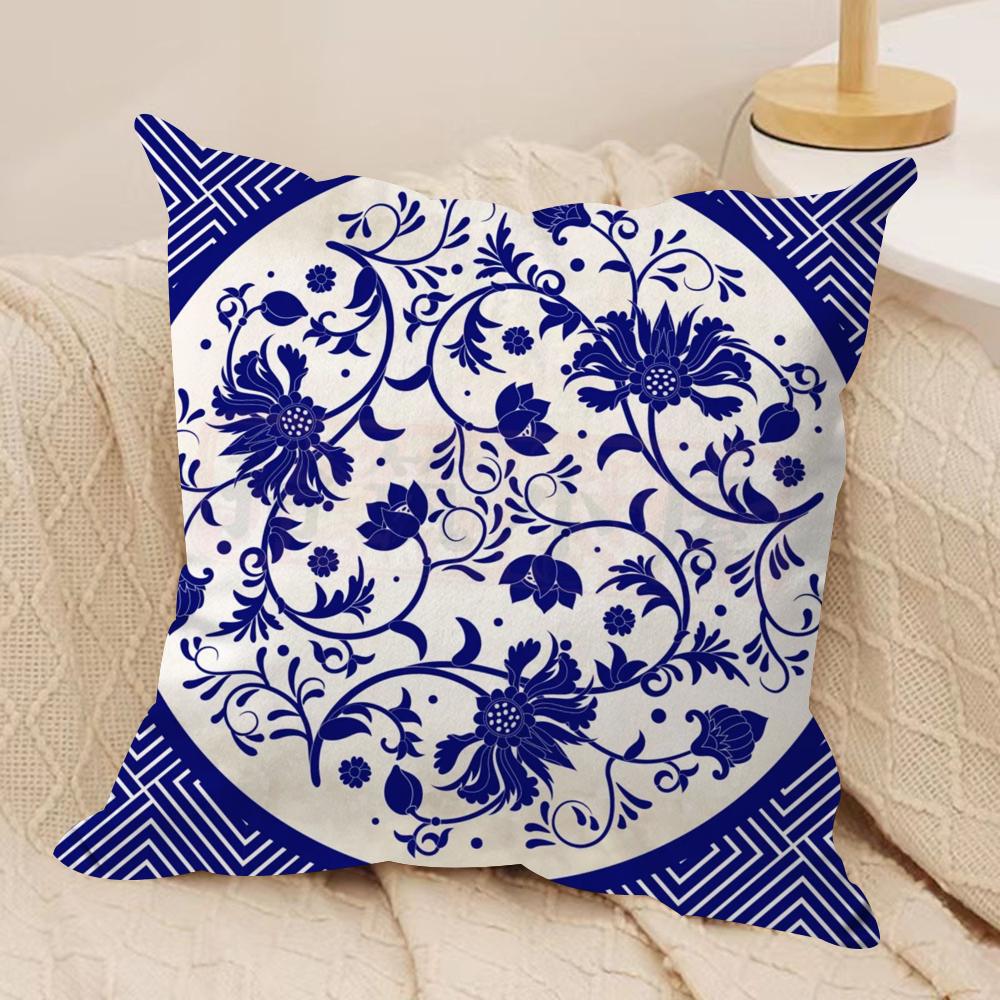 Ethnic Style Blue Floral Cushion Cover Pillowcase Ultra Soft Skin Friendly Fabric Cloud Like Comfort Concealed Zipper 30x30cm