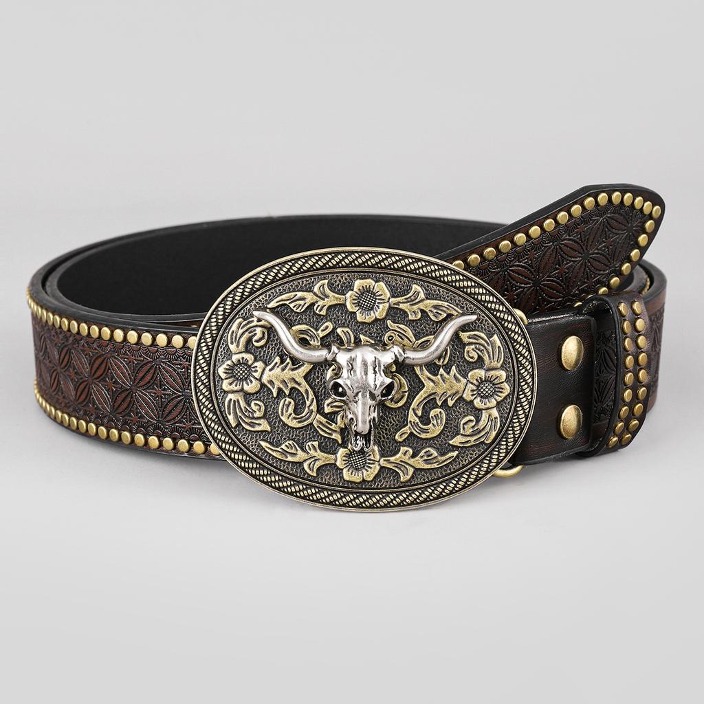 Western Denim Belt Cow Head Big Board Mouth Retro Unisex Punk Embossed Leather Belt