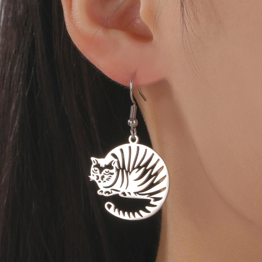 My Shape Striped Cat Dangle Earrings for Women Tiger Striped Cat Drop Earrings Kitten Animal Pendant Stainless Steel Jewelry