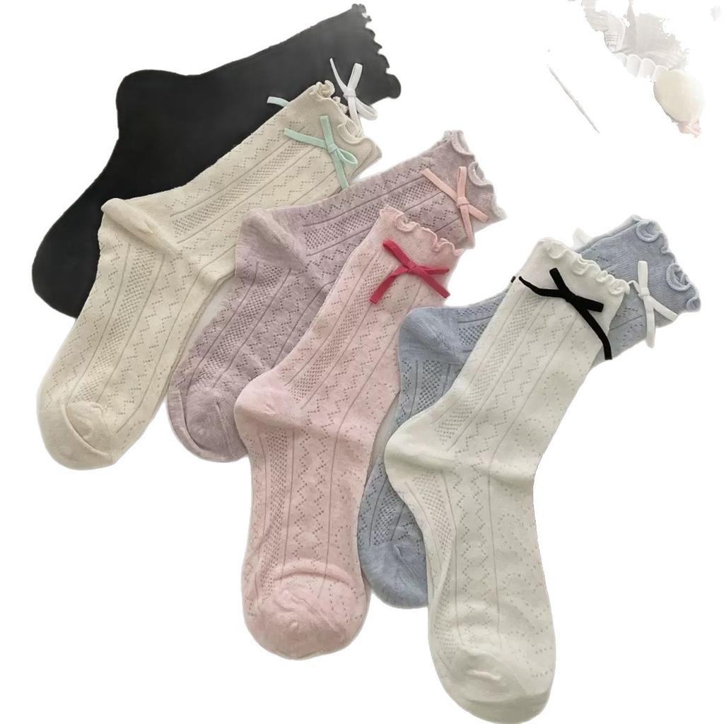 Ballet Bow Socks Summer Thin Fungus Edge Stacking Socks Breathable Hollow Mesh Lolita Medium Tube Socks