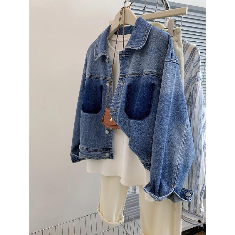 

Retro blue gradual change short denim jacket women s spring, autumn and winter design sense niche casual jacket top XL синій
