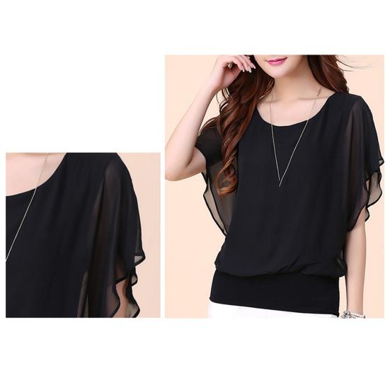 Damen Sommer Tops O-Ausschnitt Kurzarm Chiffon Tops Lockere Passform Einfarbig Dünne Pullover Tops Lässige Büroarbeitsoberteile