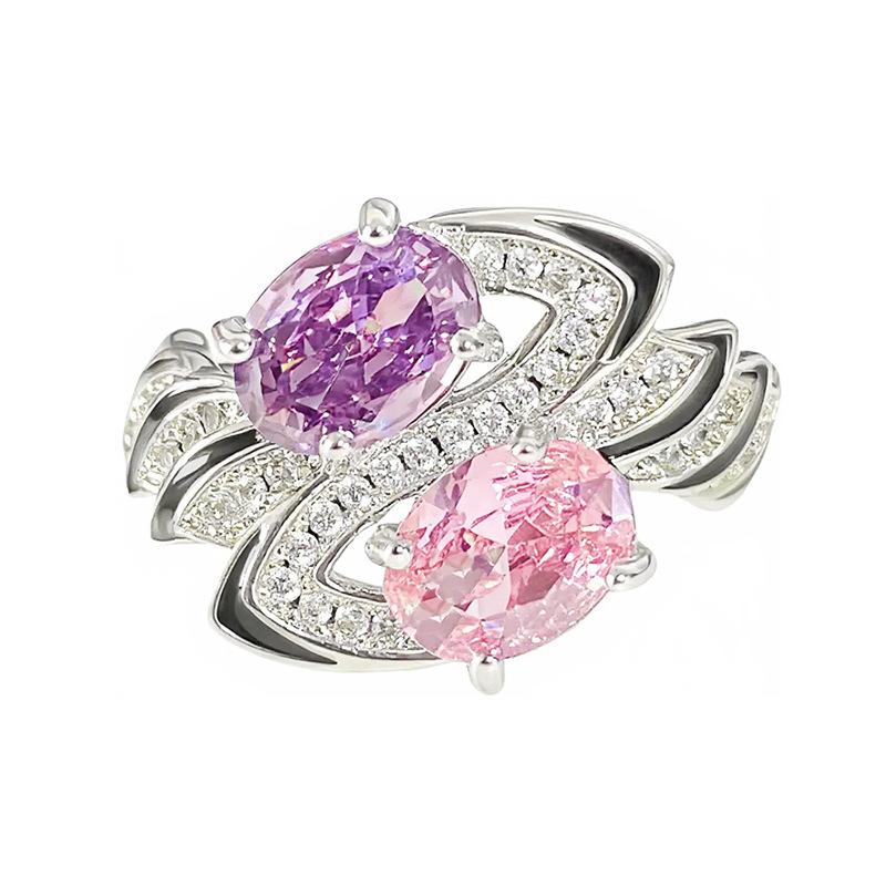 [Twin Crystal Love] Pink Purple Full Diamond Zir*****Pening Ring Niche Light Luxury High Sense Sweet Treasure Ring Girl