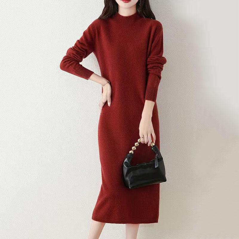 Women's Wool Knit Sweater Dress - Half High Neck, Over Knee, Loose Mid-Length Pullover for Autumn/Winter