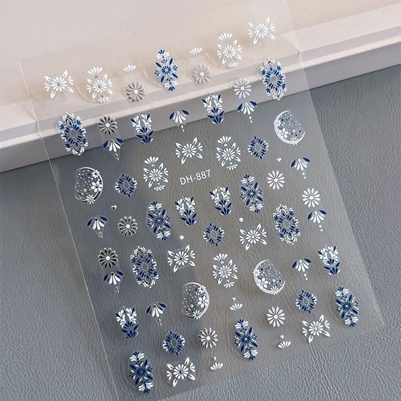 

Retro Blue White Flowers Nail Stickers Summer Floral Petal Embossed Nail Decals Self-Adhesive Nail Art Supplies Manicure Decor A