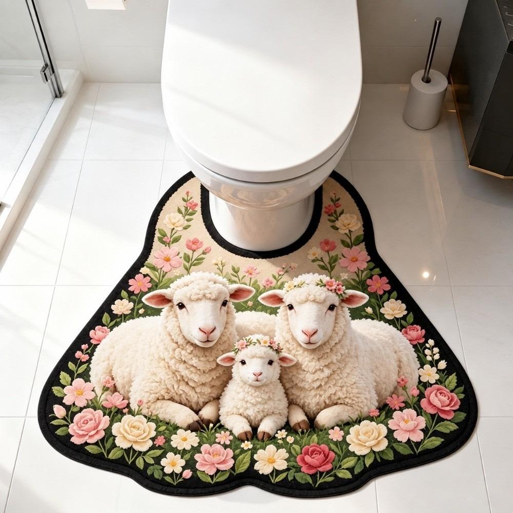 Non-slip Bathroom Floor Rug Sheep Pattern Bath Mat Novelty Toilet U-shaped Mat Household
