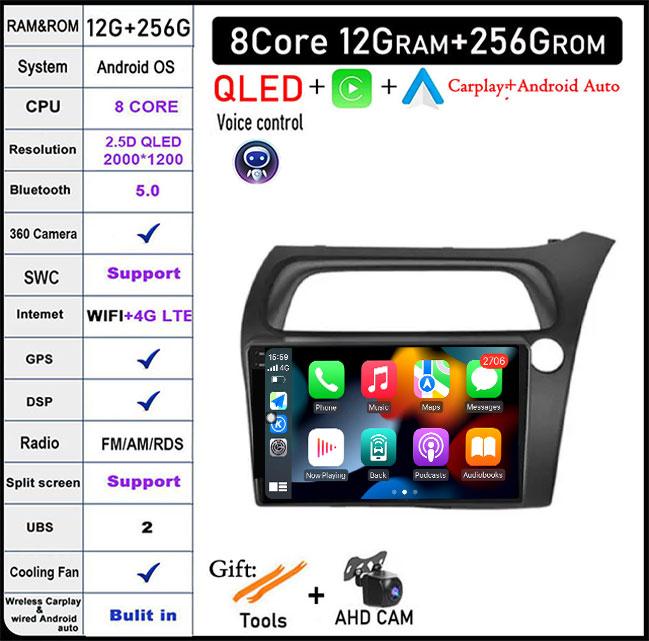 9 Lnch Android 14 For Honda Civic Hatchback 2006-2011 Car Radio Player Video Multimedia Carplay IPS DPS Navigation DSP Screen