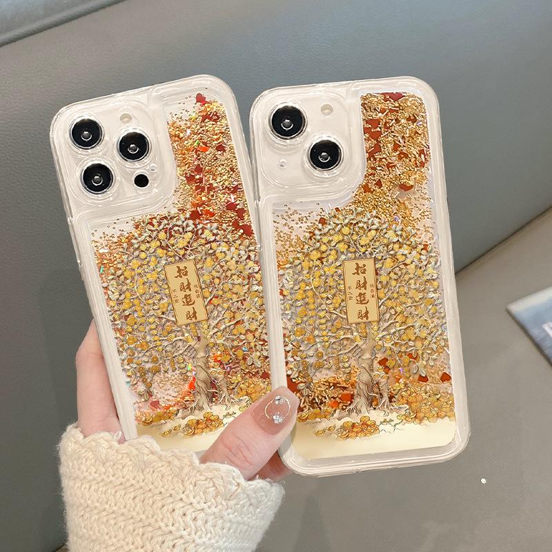 

Zhaocai Tree Is Suitable for Apple 16pro Transparent Mobile Phone Case 15 Full-inclusive Silicone 14 Golden Sand 13 Anti-fall 12 National Trend Xiaomi 13