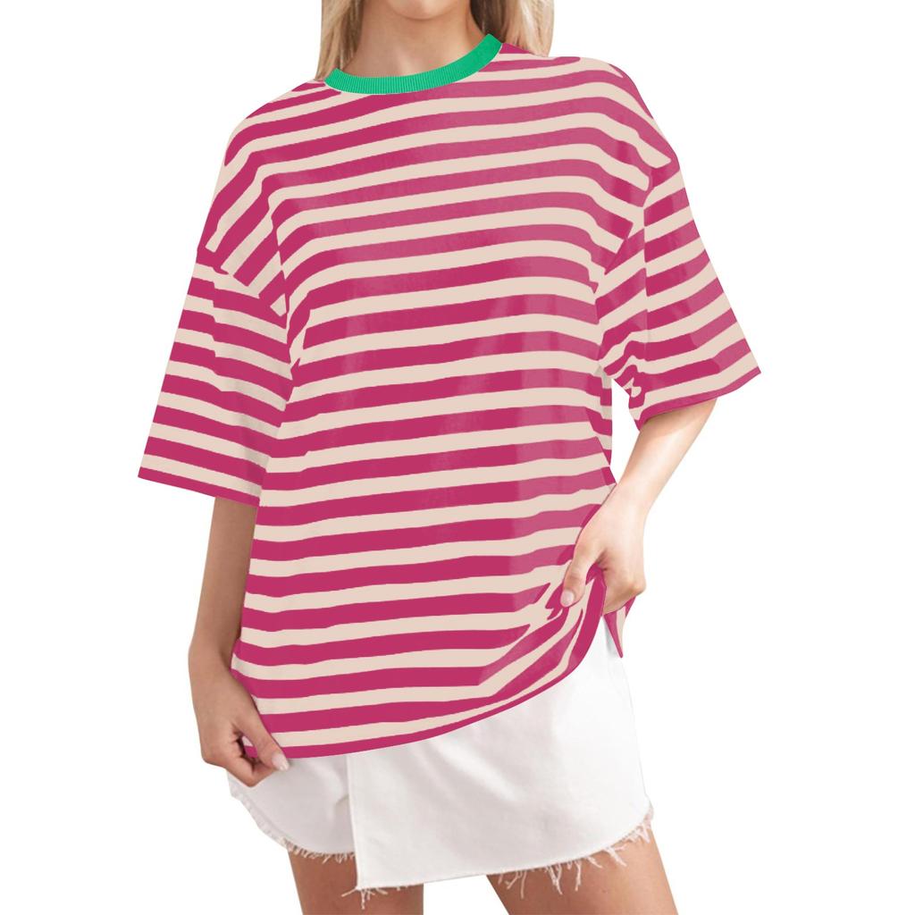 Women Oversized Striped Color Block Shirt Short Sleeve O-Neck T-Shirts Casual Loose Pullover Tops Summer Tee Tops