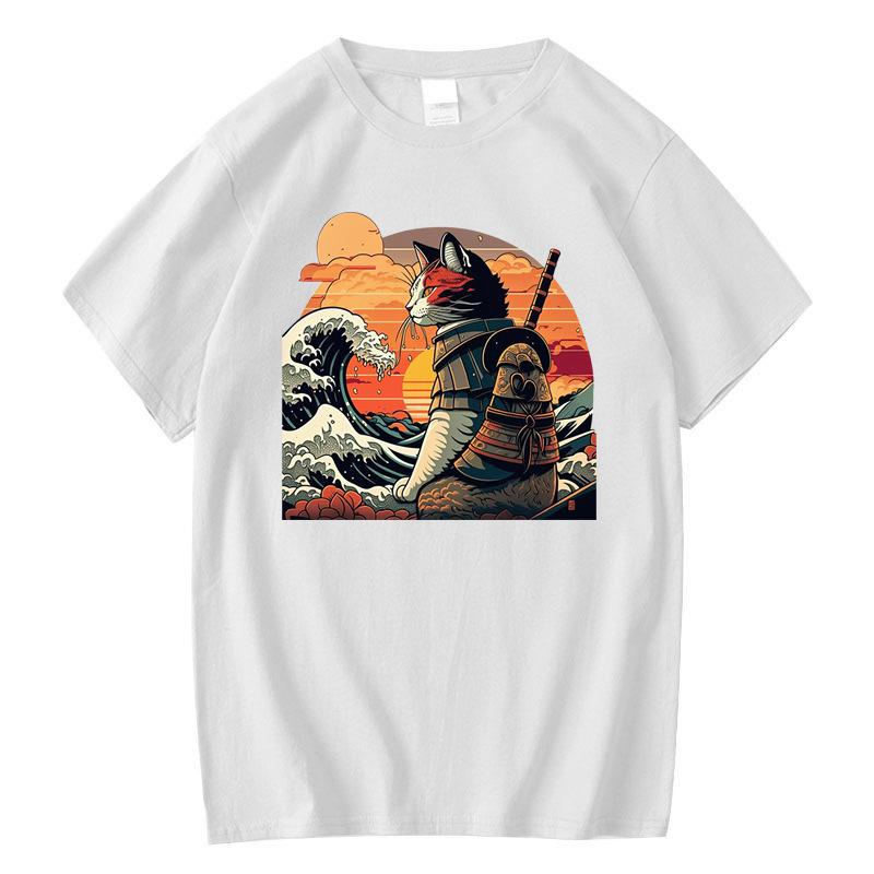 Men's High Quality T-shirt 100% Cotton Anime Knife Cat Print Loose Summer Short Sleeve Men T Shirt Male T-shirt Tops Tees