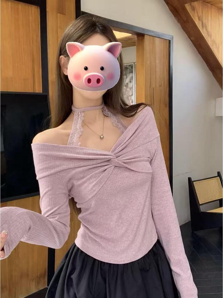 One-Shoulder Purple Lace Halter Top for Women - Spring/Autumn Sweet & Spicy Off-the-Shoulder Style