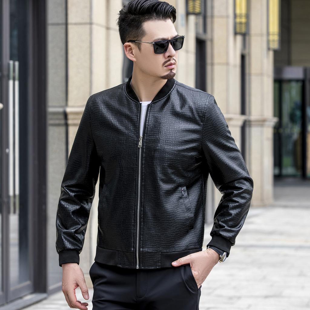 New Alligator Print Autumn Winter Men's Leather Coat Slim Fit Casual Baseball Collar Ice Crack Youth Leather Jacket Men
