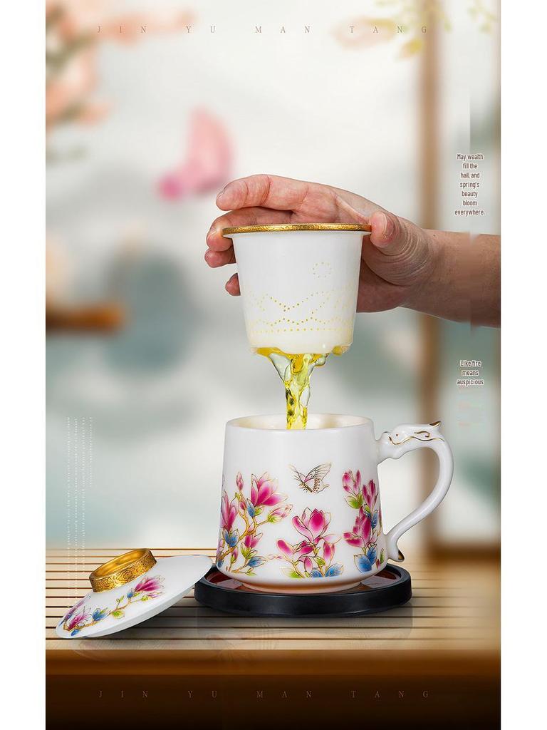 Golden Jade Ceramic Tea Cup with Lid & Filter - Large Capacity Office & Gift Cup