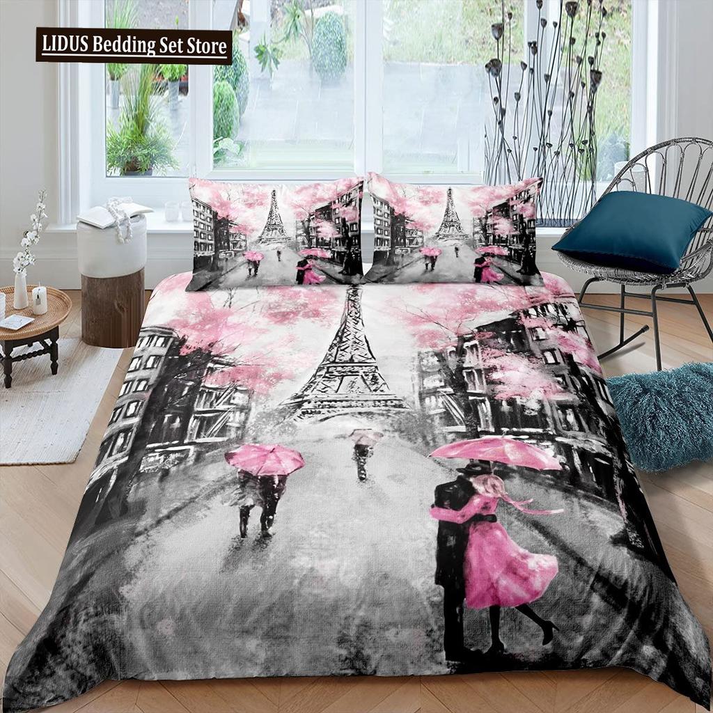 Eiffel Tower Duvet Cover Paris Tower Red Car Bedding French Style Home Decoration Grey Cityscape French Romantic Gift For Women