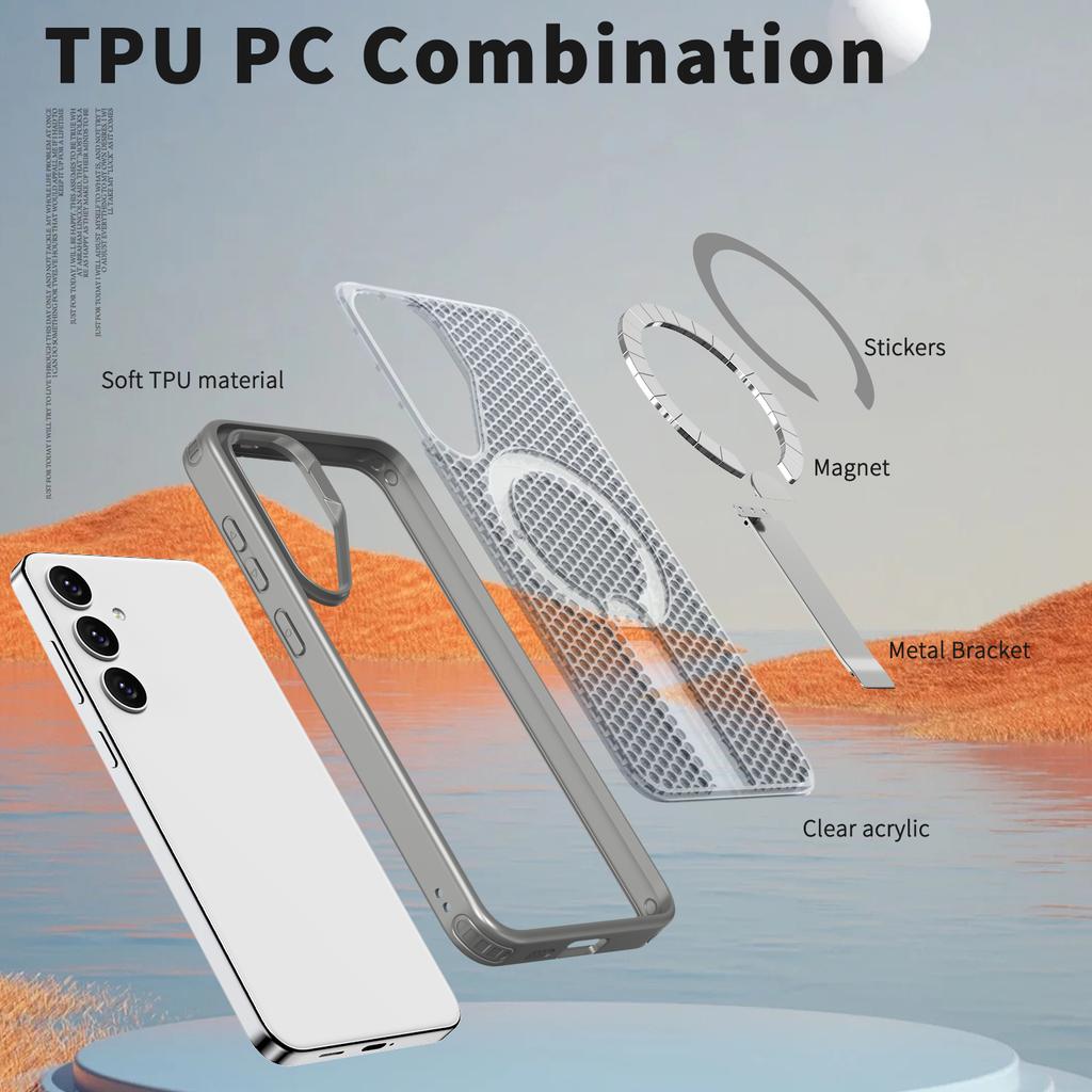 For Samsung Galaxy S26 / S26 Pro Magnetic Case Kickstand Grid Texture TPU PC Phone Back Cover
