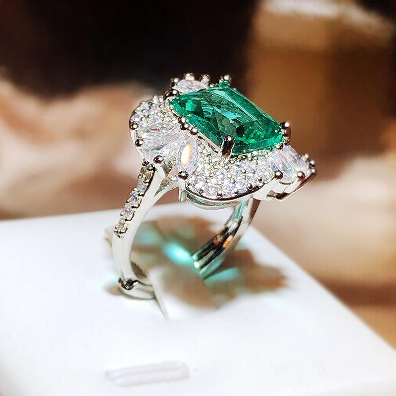 New Imitation Emerald Tourmaline Full Diamond Princess Square Zircon Opening Ring For Women 925 Silver Jewelry Party Bridal Gift