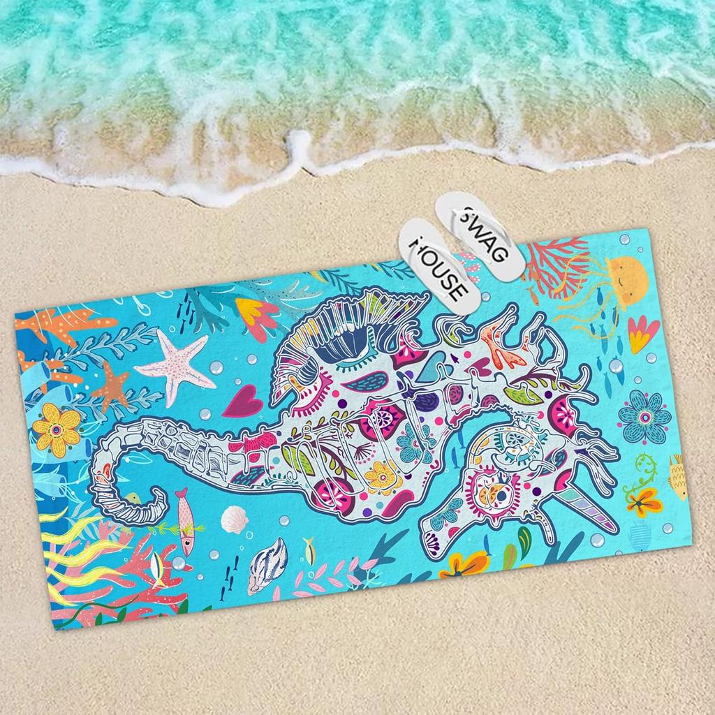 Bonsai-Seepferdchen Strandtuch, Blaues Mikrofaser-Badetuch für Damen, Sandfreies Schnelltrocknendes Reisehandtuch, Seepferdchen-Geschenke für Damen