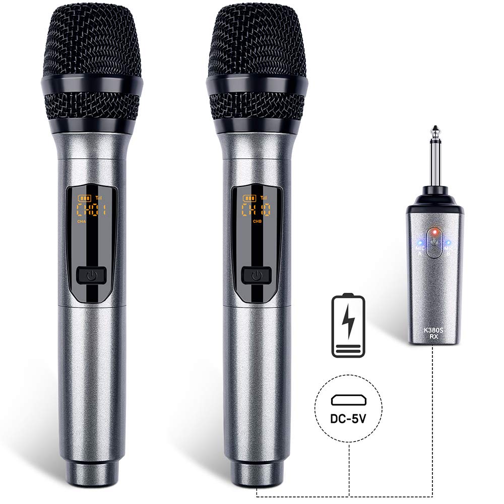 LEKATO Dobíjecí bezdrátový dynamický mikrofon, UHF ruční mikrofon s mini přijímačem, Ideální pro schůzky, karaoke a domácí večírky [Sada