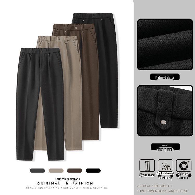 Men's Micro-Tapered Wool Suit Pants: Elastic Waist, Straight Leg, Wrinkle-Resistant, Slimming, Warm, Casual Trousers for Autumn & Winter.