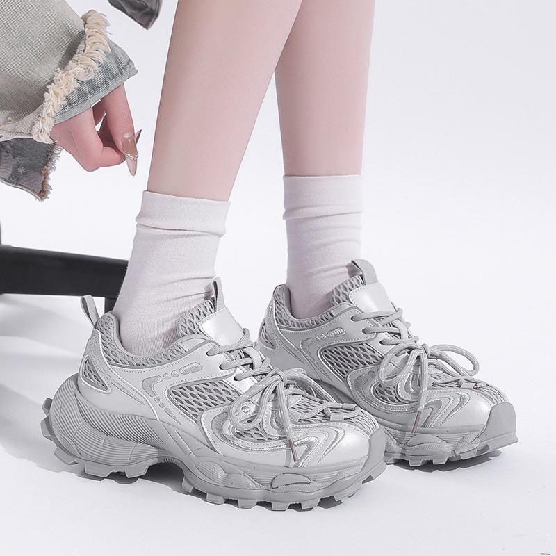 Leather Single Mesh Breathable Dad Shoes Women's Summer New Versatile Thick-soled Heightening Casual Sports Shoes