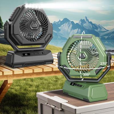 Ventilátor na baterie, Přenosný dobíjecí stolní/kempový ventilátor s LED světlem a háčkem, Venkovní ventilátor pro výlet pod stan