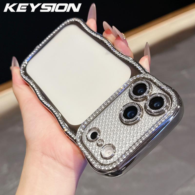 KEYSION Plating Transparent Wavy Rhinestone Phone Case for iPhone 13 14 15 16 17 Pro Max Air 16 Plus Lens Protector Shockproof Cover