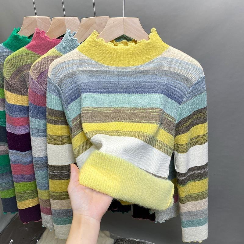 One-piece fleece semi-turtleneck sweater women's fleece thick bottoming shirt autumn and winter new striped knitted sweater with top inside