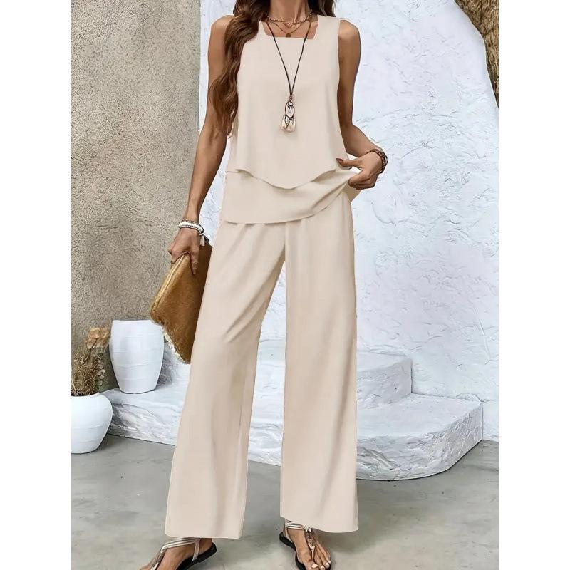 New spot European and American women's clothing hot-selling sleeveless double-layer vest pants set T-shirt